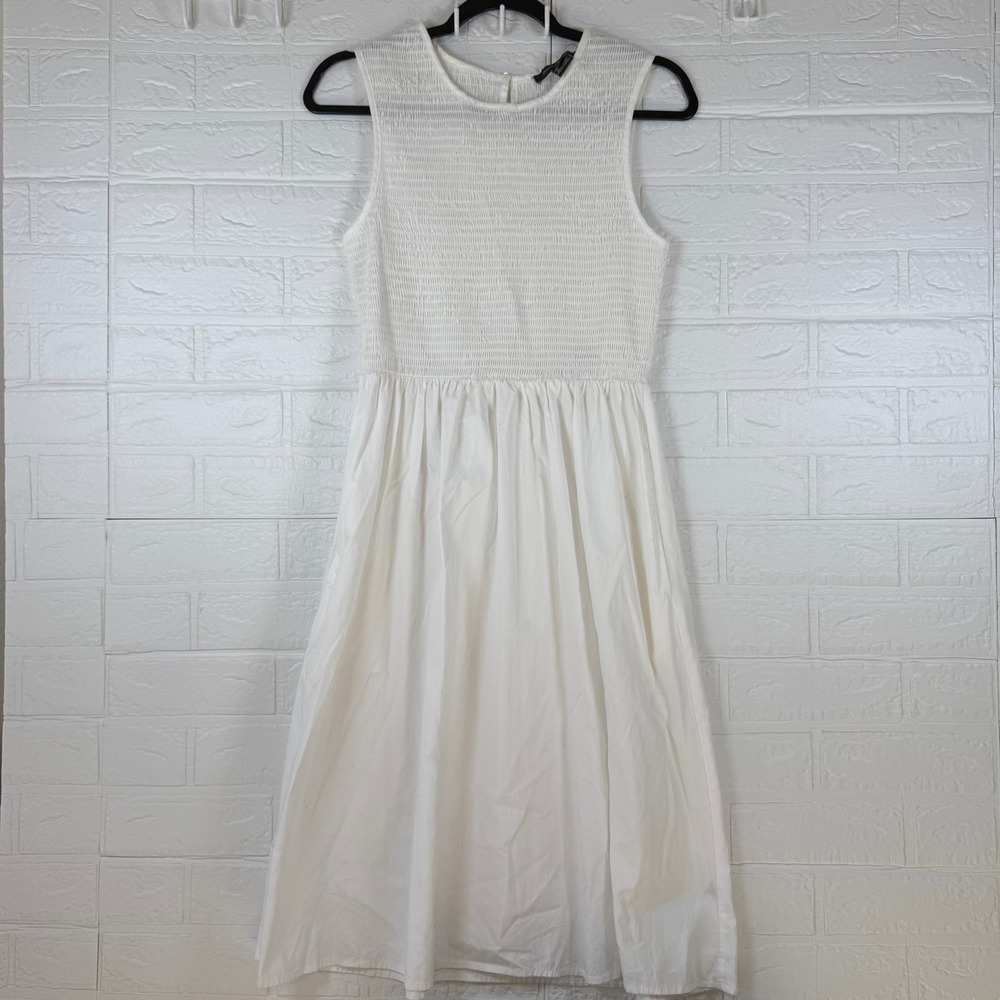 French Connection Dress Womens Size S White Smocked Sleeveless Midi Summer